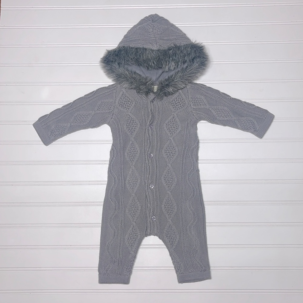 MONICA & ANDY EUC Organic Cotton Cable Knit Fleece Lined Faux Fur Hooded Romper